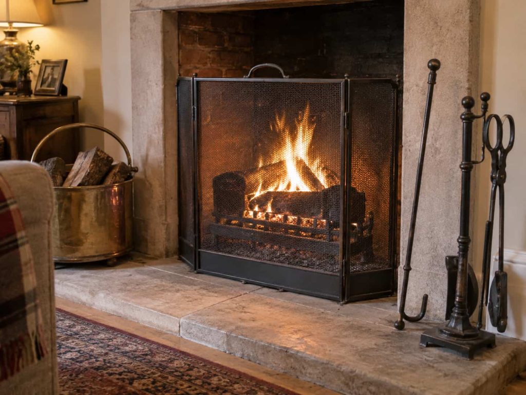 fireplace with coal bucket and poker